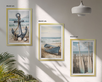 Three-piece wall art piece Anchor boat oars beach
