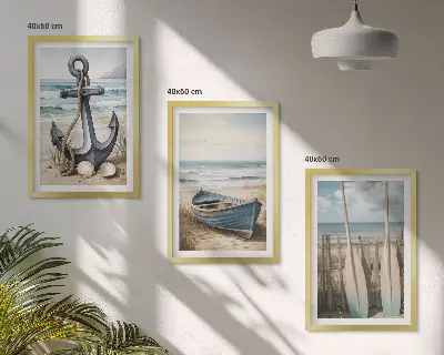Anchor, boat, and oars beach wall art three-piece set
