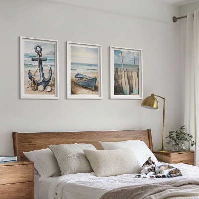Three-piece wall art piece Anchor boat oars beach