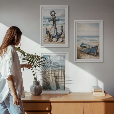 Three-piece wall art piece Anchor boat oars beach
