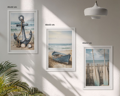 Three-piece wall art piece Anchor boat oars beach