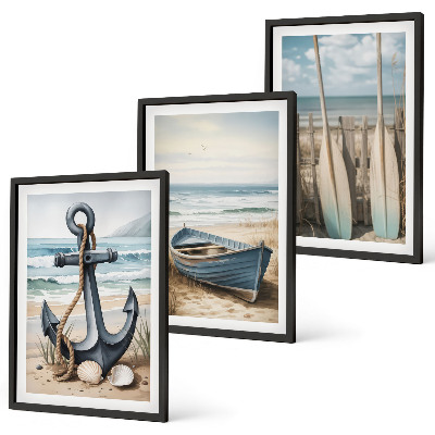 Three-piece wall art piece Anchor boat oars beach