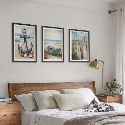 Three-piece wall art piece Anchor boat oars beach