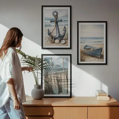 Anchor, boat, and oars beach wall art three-piece set