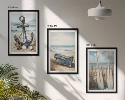Anchor, boat, and oars beach wall art three-piece set