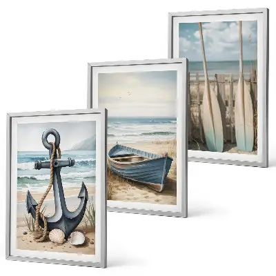 Anchor, boat, and oars beach wall art three-piece set