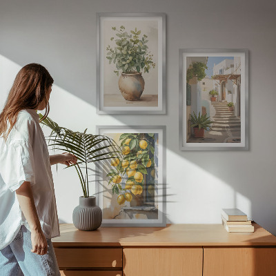 Set of 3 framed wall art pieces Plants in pots, lemons, street