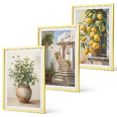 Set of 3 framed wall art pieces featuring plants in pots, lemons, and a street scene