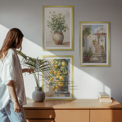 Set of 3 framed wall art pieces Plants in pots, lemons, street