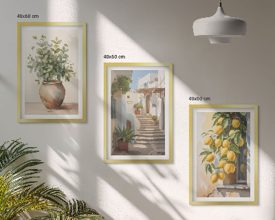 Set of 3 framed wall art pieces Plants in pots, lemons, street