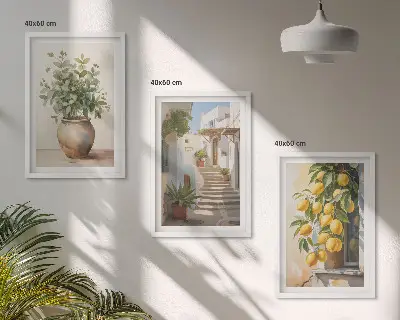 Set of 3 framed wall art pieces featuring plants in pots, lemons, and a street scene