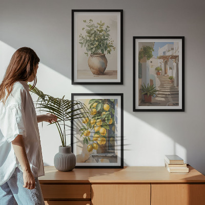 Set of 3 framed wall art pieces Plants in pots, lemons, street