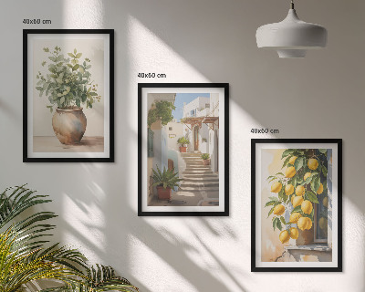 Set of 3 framed wall art pieces Plants in pots, lemons, street