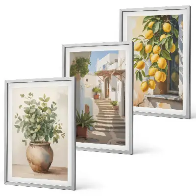 Set of 3 framed wall art pieces featuring plants in pots, lemons, and a street scene