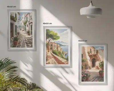 Wall art set featuring streets, houses, plants, and pots