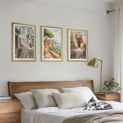 Wall art set featuring streets, houses, plants, and pots