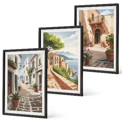 Wall art set featuring streets, houses, plants, and pots