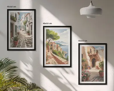Wall art set featuring streets, houses, plants, and pots
