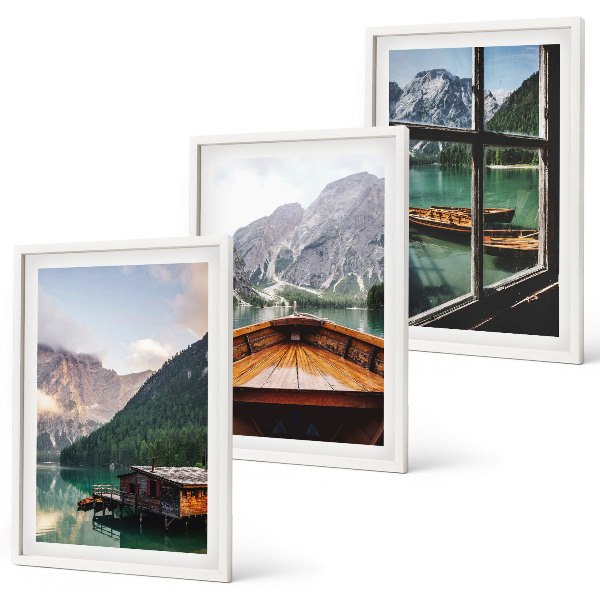 Three-piece wall art piece Mountain lake Łódź cottages