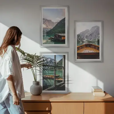 Mountain lake and cottages wall art three-piece set