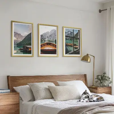 Mountain lake and cottages wall art three-piece set