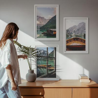 Three-piece wall art piece Mountain lake Łódź cottages