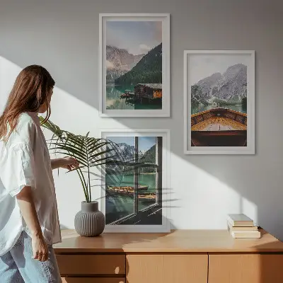 Mountain lake and cottages wall art three-piece set