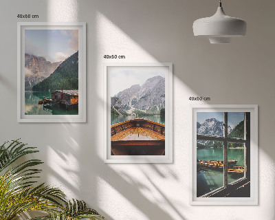 Three-piece wall art piece Mountain lake Łódź cottages