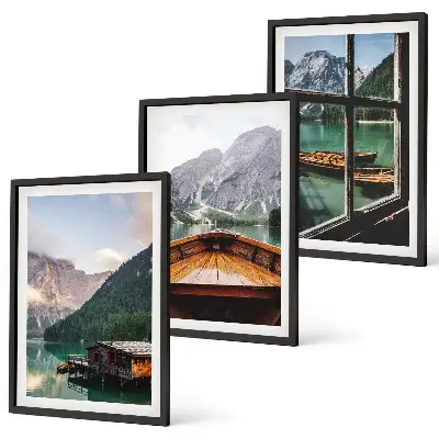 Mountain lake and cottages wall art three-piece set