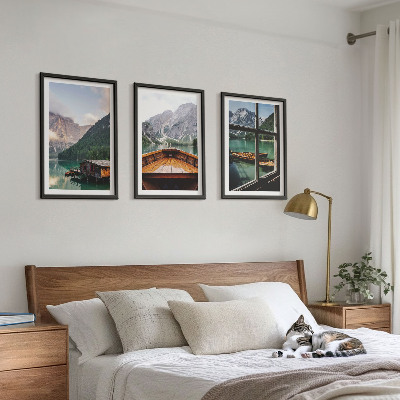 Three-piece wall art piece Mountain lake Łódź cottages