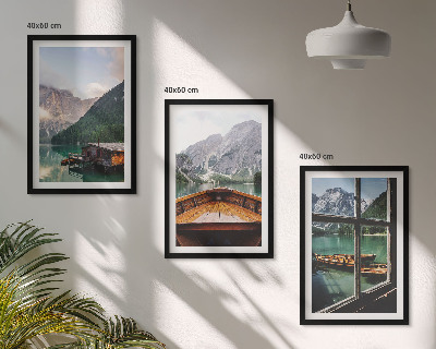 Three-piece wall art piece Mountain lake Łódź cottages