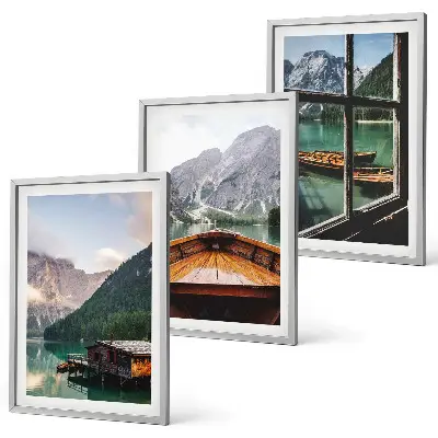 Mountain lake and cottages wall art three-piece set