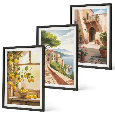 Set of 3 framed wall art pieces citrus fruits in a coastal kitchen theme
