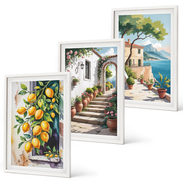 Three-piece wall art piece Lemons, flowers, sea views