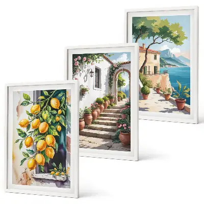 Three-piece wall art set with lemons, flowers, and sea views