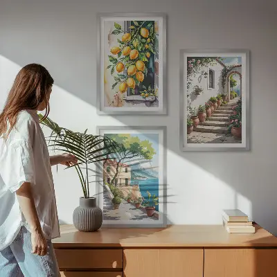 Three-piece wall art set with lemons, flowers, and sea views