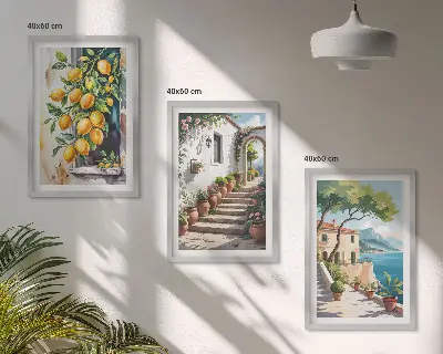 Three-piece wall art set with lemons, flowers, and sea views