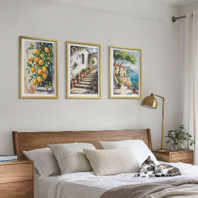 Three-piece wall art piece Lemons, flowers, sea views