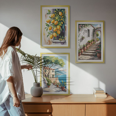 Three-piece wall art piece Lemons, flowers, sea views