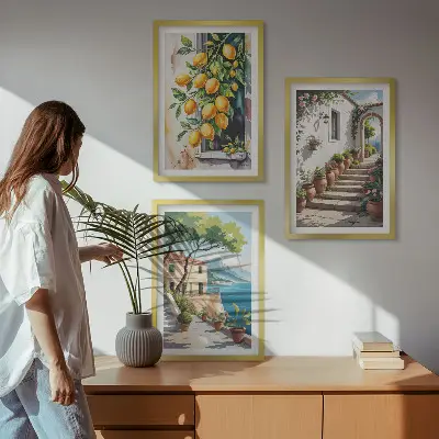 Three-piece wall art set with lemons, flowers, and sea views