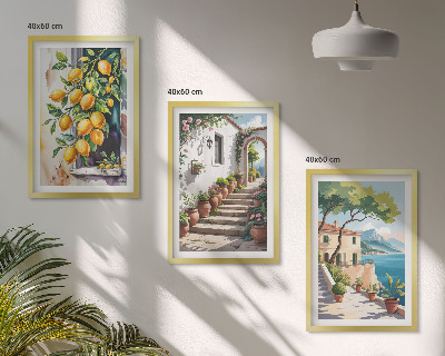 Three-piece wall art piece Lemons, flowers, sea views
