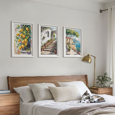 Three-piece wall art piece Lemons, flowers, sea views