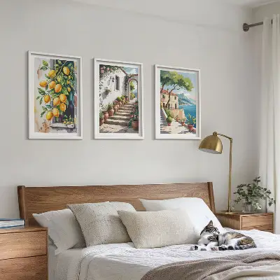 Three-piece wall art set with lemons, flowers, and sea views