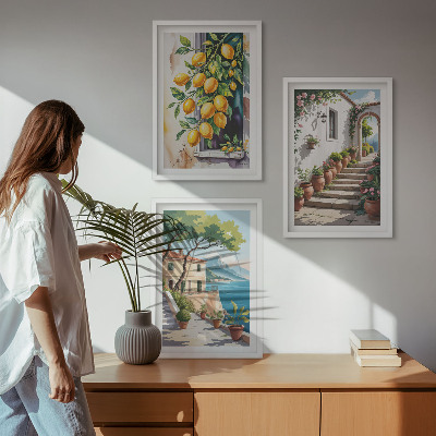 Three-piece wall art piece Lemons, flowers, sea views