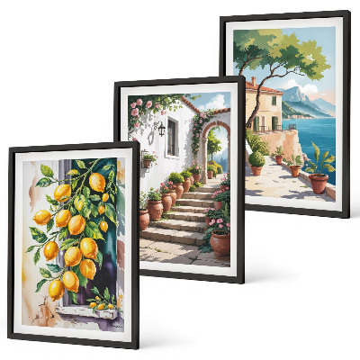 Three-piece wall art piece Lemons, flowers, sea views