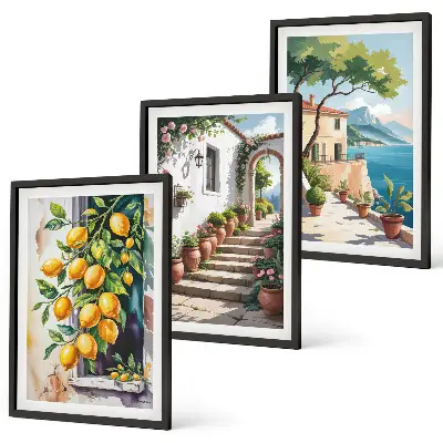 Three-piece wall art set with lemons, flowers, and sea views