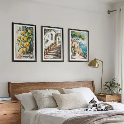 Three-piece wall art set with lemons, flowers, and sea views