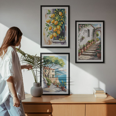 Three-piece wall art piece Lemons, flowers, sea views
