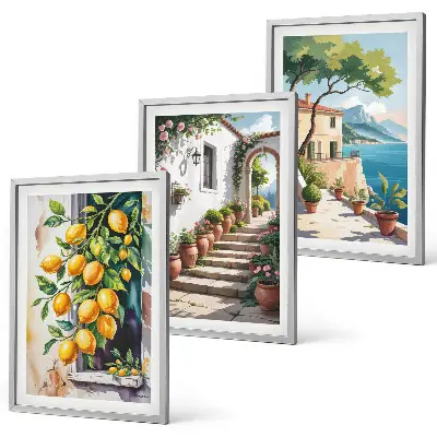 Three-piece wall art set with lemons, flowers, and sea views