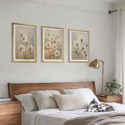 Set of 3 framed wall art pieces White dandelions on a light background